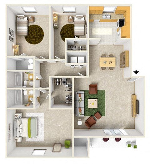 Floor plan for 3 beds, 2 baths, 1438 sqft